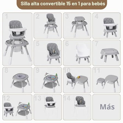 Silla alta convertible 15 en 1 para bebés, vista frontal mostrando varias configuraciones