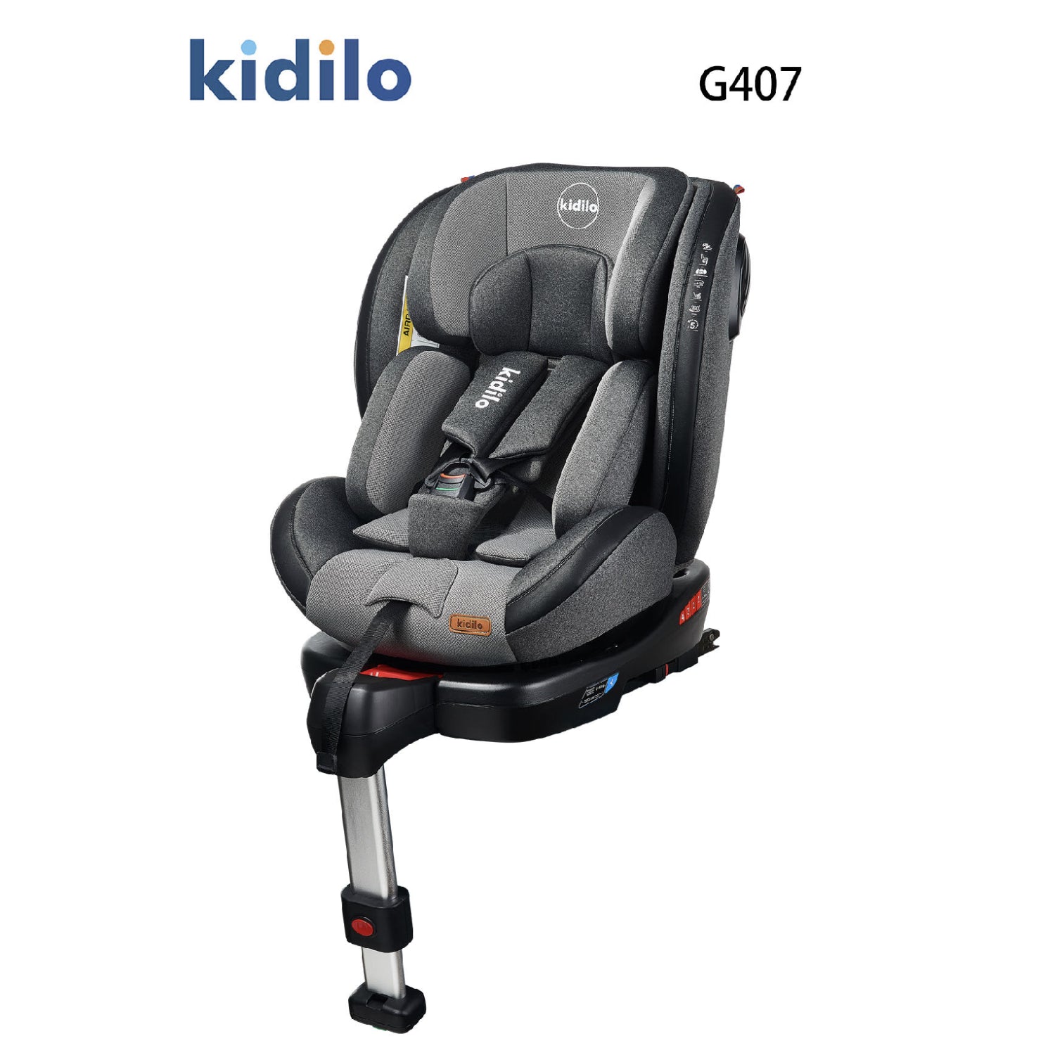 Silla de auto Kidilo G407 gris vista lateral, segura para niños