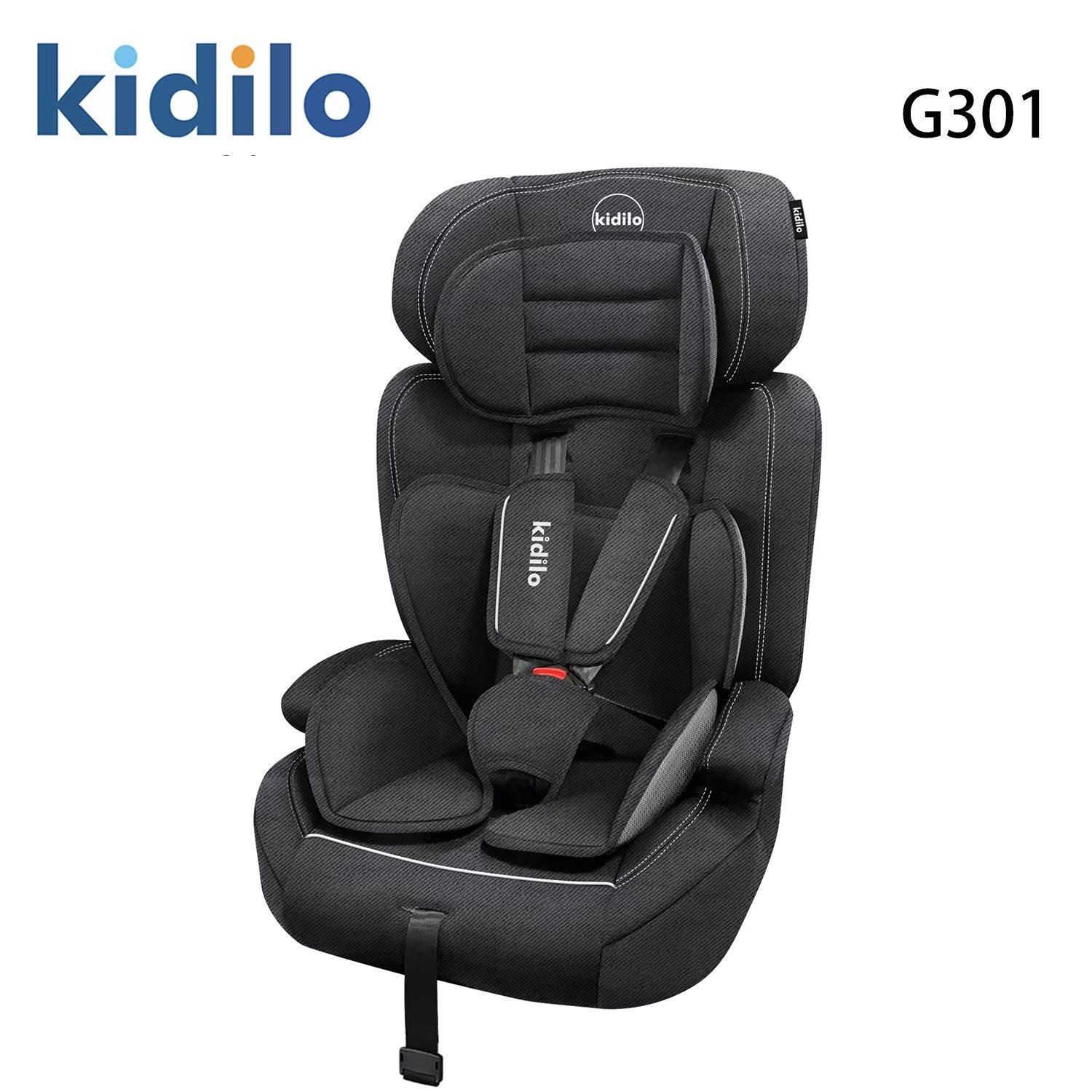 Silla negra KIDILO G301 vista frontal, perfecta para seguridad infantil