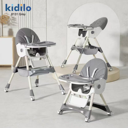 silla alta Kidilo gris, vista lateral y frontal en ambiente moderno