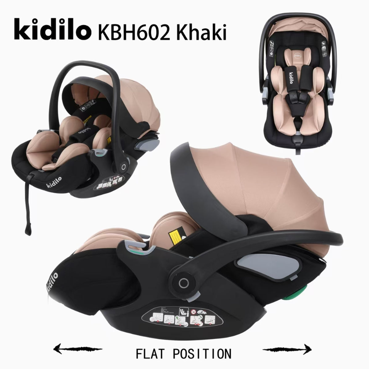silla de auto khaki KIDILO, vista frontal y en posición plana