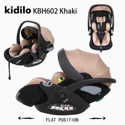 silla de auto khaki KIDILO, vista frontal y en posición plana
