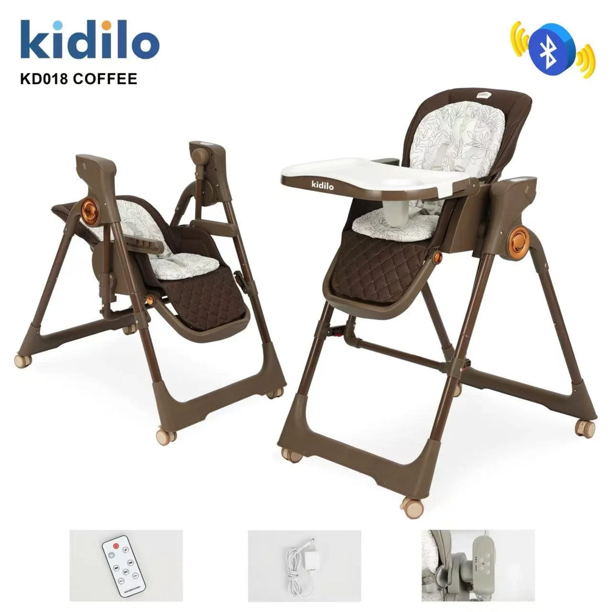 Silla alta marrón Kidilo modelo KD018 desde diferentes ángulos, ideal para bebés