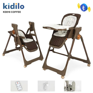 Silla alta marrón Kidilo modelo KD018 desde diferentes ángulos, ideal para bebés