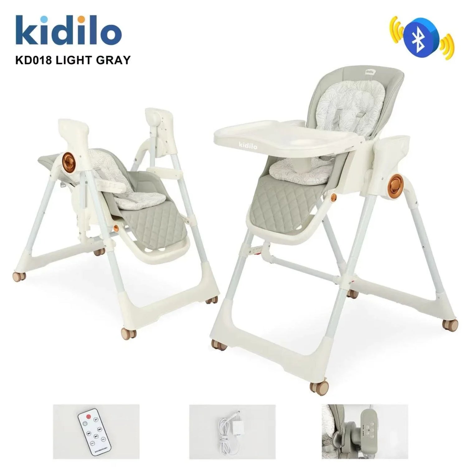 Silla alta Kidilo gris claro, vista frontal, ideal para bebés y comedores
