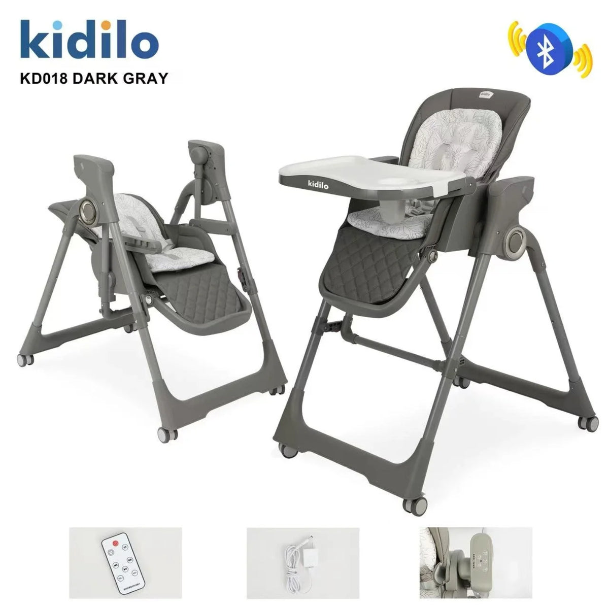 Silla alta Kidilo gris oscuro con bandeja y ajuste para bebés