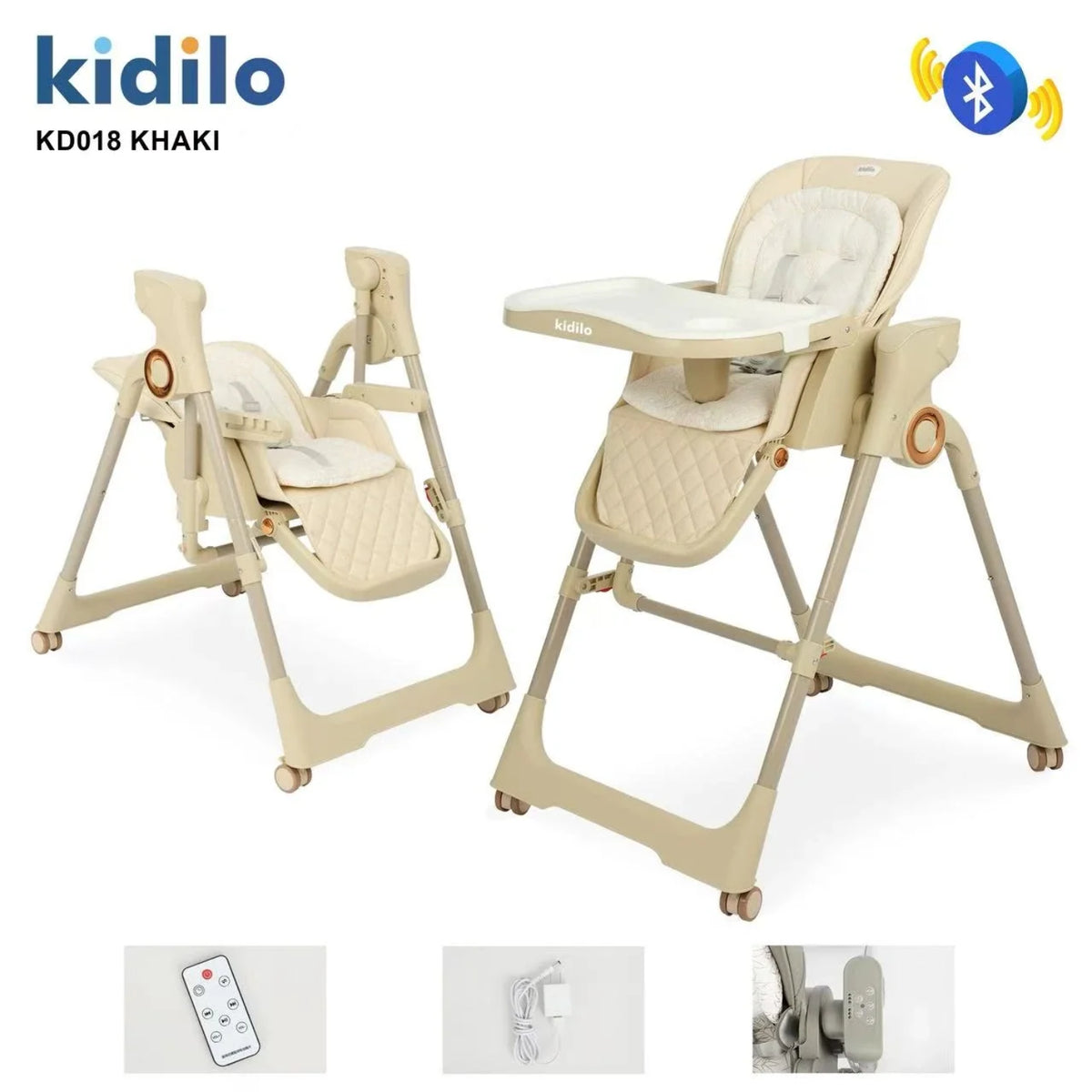 Silla alta Kidilo khaki, doble función, vista lateral y frontal, comodidad para bebés