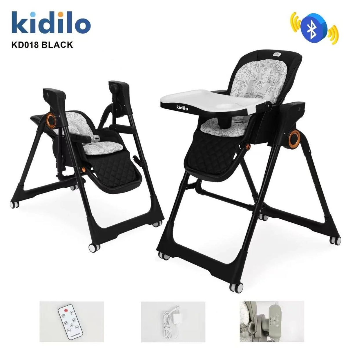 Silla Kidilo negra, vista frontal y lateral, ideal para bebés y niños pequeños