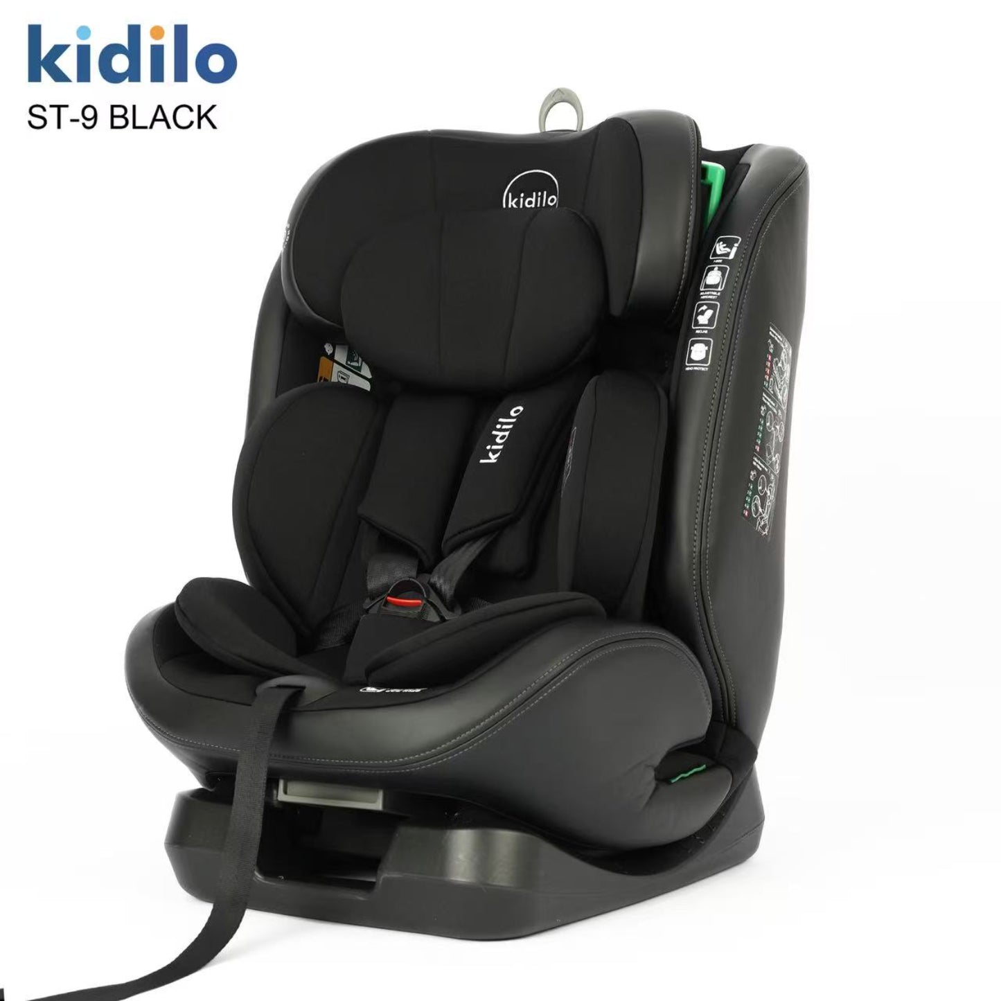 Silla de auto Kidilo ST-9 negra, vista lateral, adecuada para seguridad infantil.