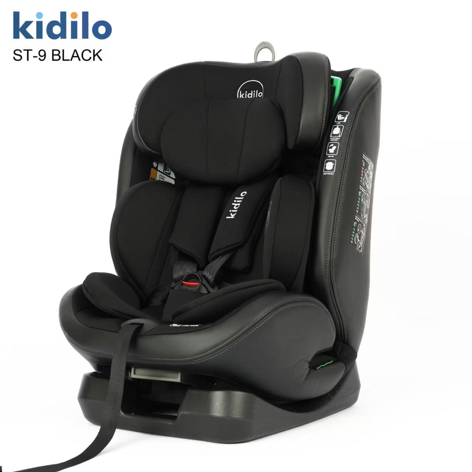 Silla de auto Kidilo ST-9 negra, vista lateral, adecuada para seguridad infantil.