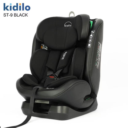 Silla de auto Kidilo ST-9 negra, vista lateral, adecuada para seguridad infantil.