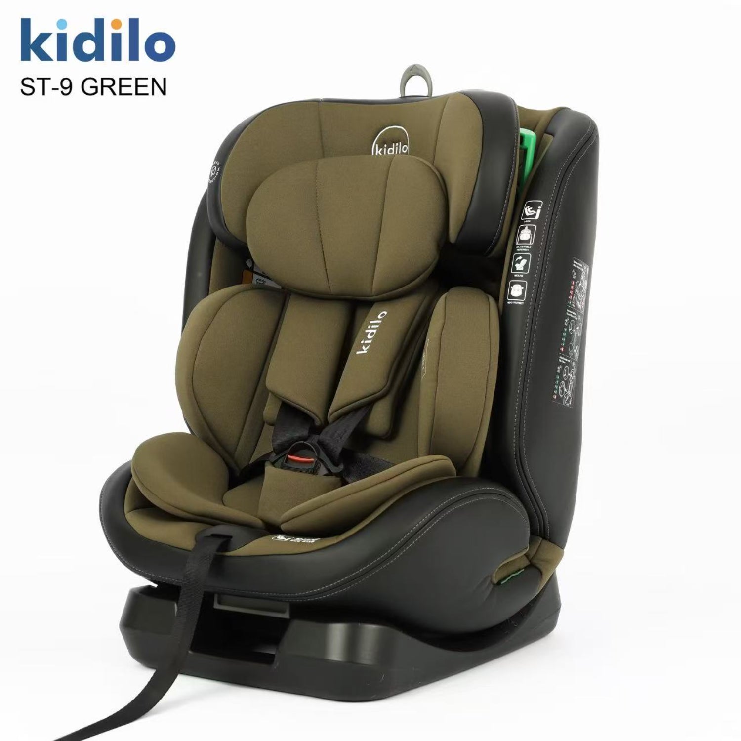 Silla de auto Kidilo ST-9 verde, vista frontal con diseño cómodo y seguro