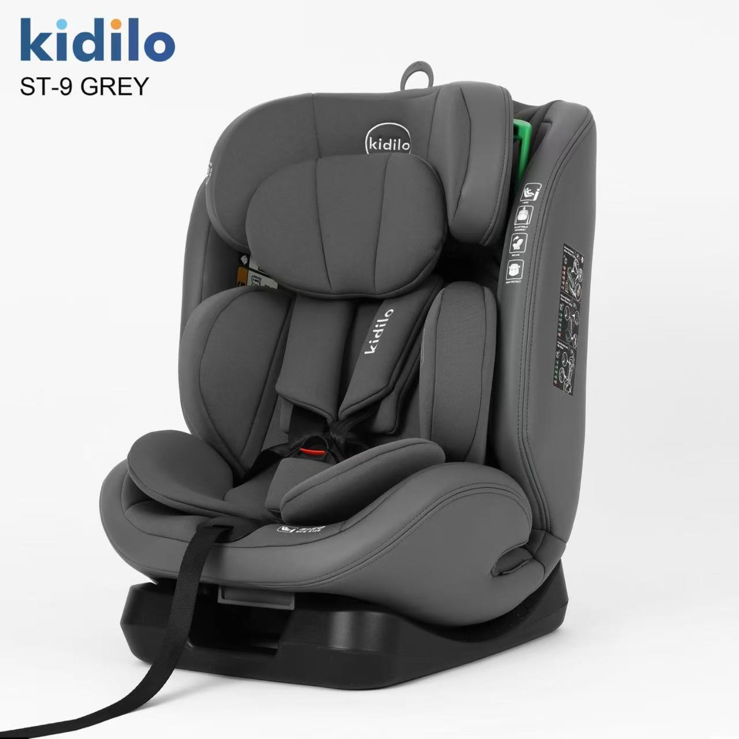 Silla de auto gris Kidilo ST-9, vista lateral, asiento para niños seguro