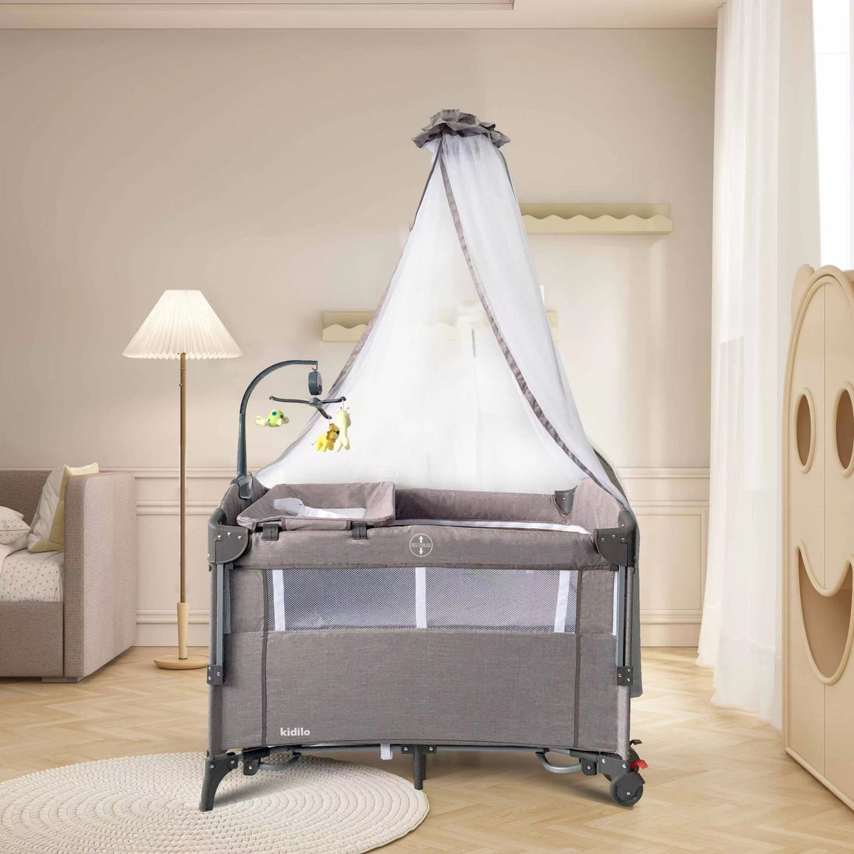 Cuna portátil gris KIDILO con dosel, ideal para habitaciones infantiles