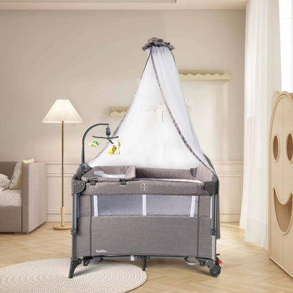 Cuna portátil gris KIDILO con dosel, ideal para habitaciones infantiles