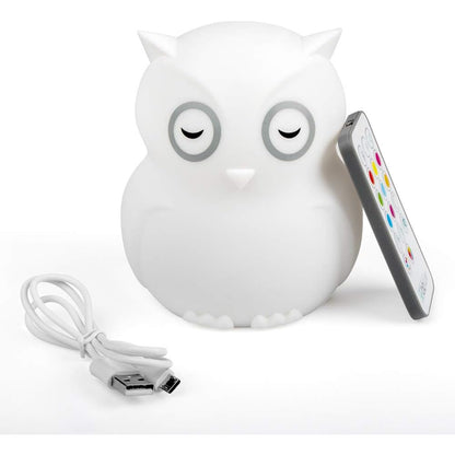 Lampara búho blanca con control remoto y cable USB, ideal para habitaciones infantiles