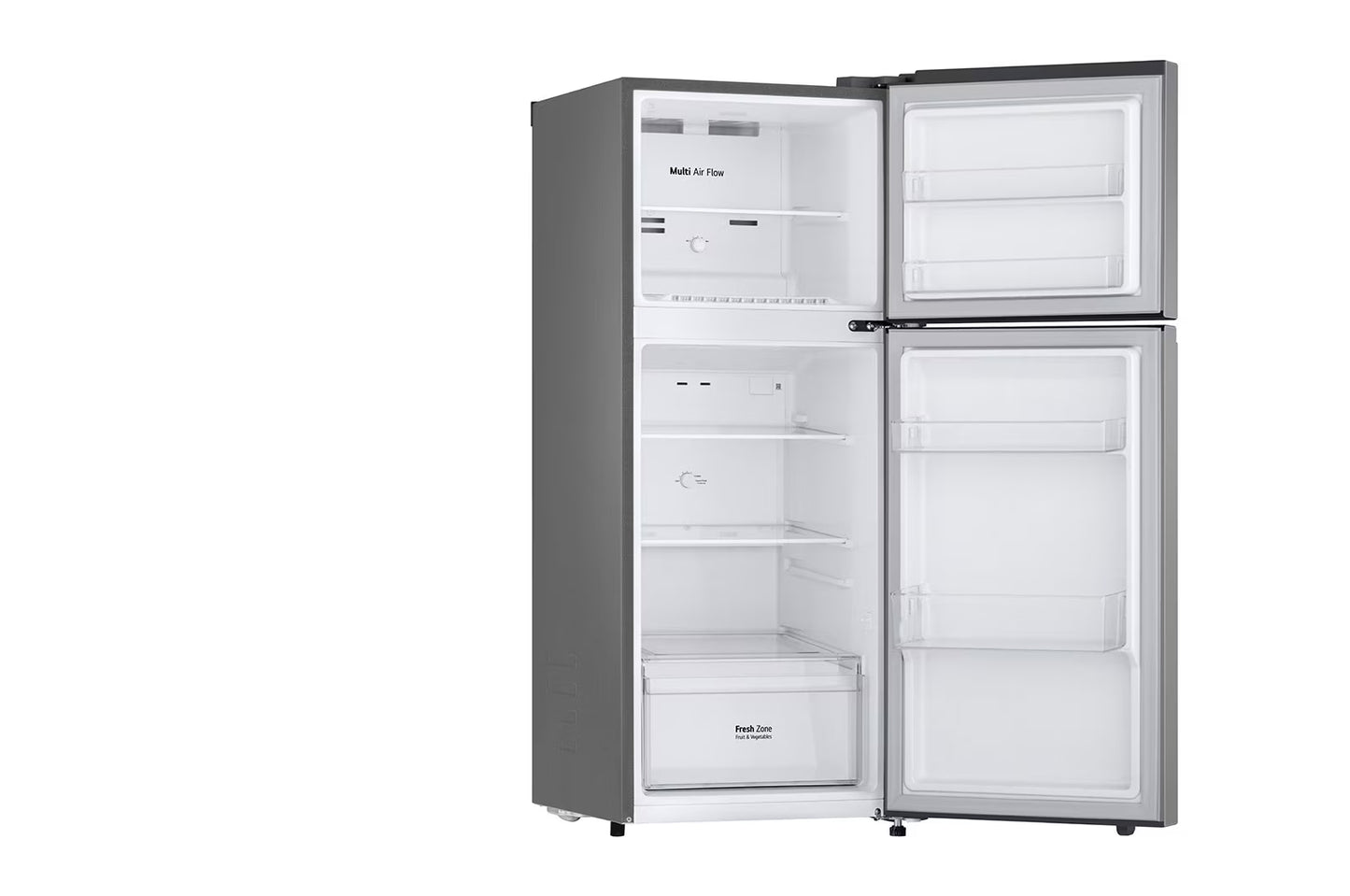 Refrigeradora LG 7 pies top mount de color gris con estantes amplios y diseño moderno