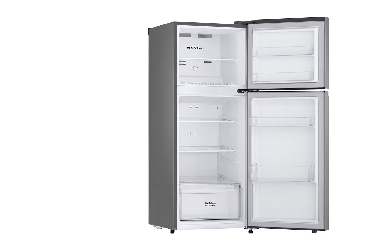 Refrigeradora LG 7 pies top mount de color gris con estantes amplios y diseño moderno