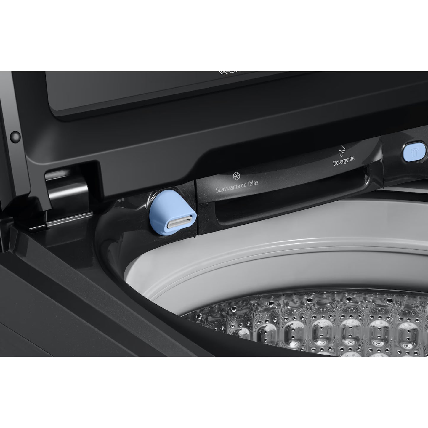 Vista interior de lavadora Samsung, detalles del dispensador de detergente