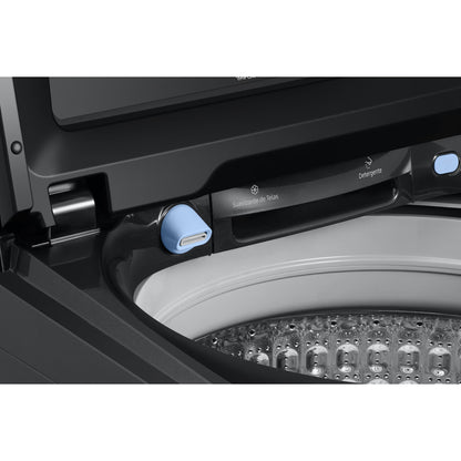 Vista interior de lavadora Samsung, detalles del dispensador de detergente