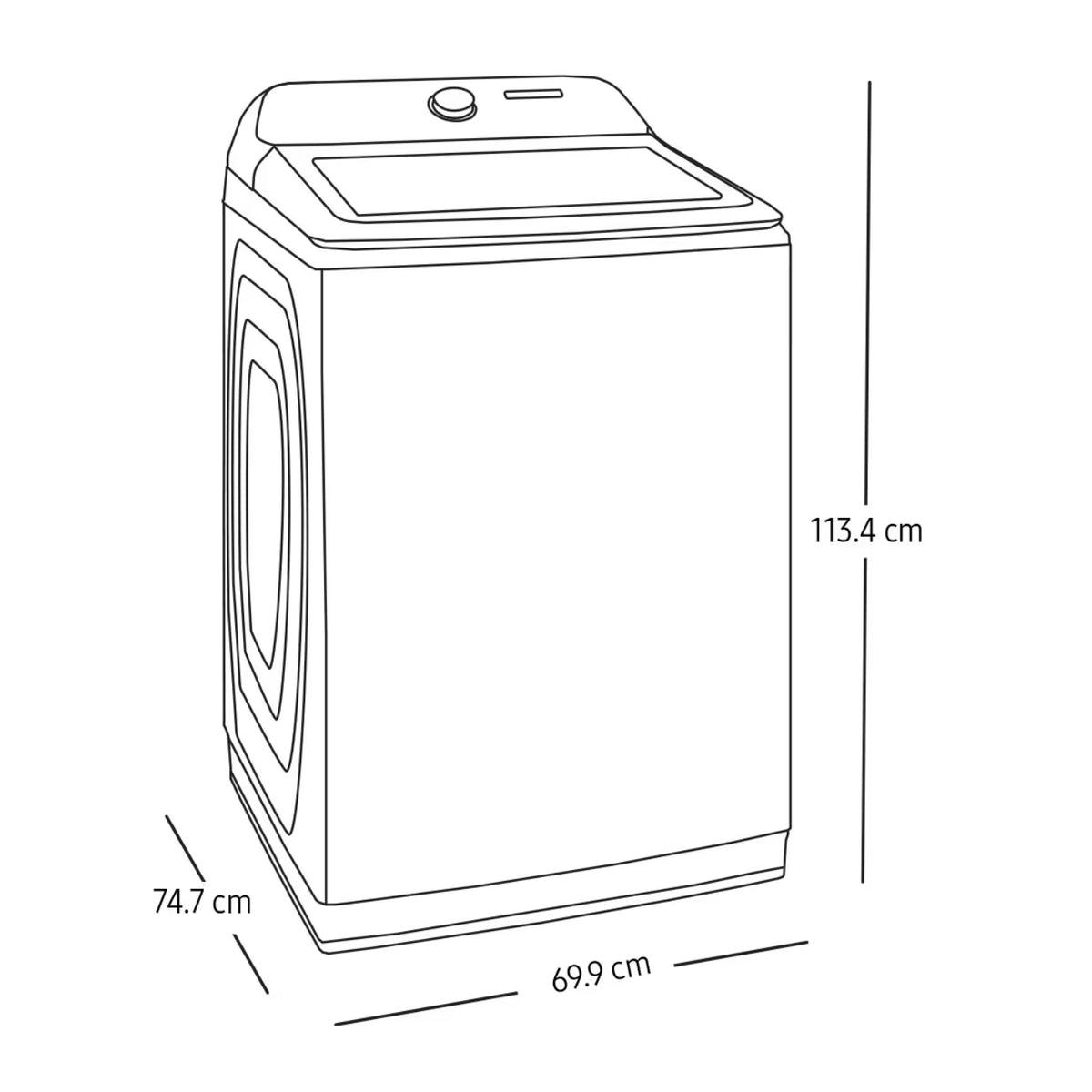 Lavadora Samsung frontal, dimensiones 113.4 cm alto, 69.9 cm ancho, 74.7 cm profundo