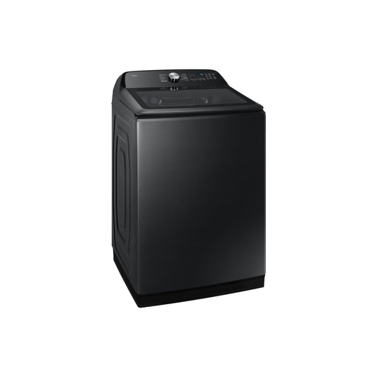 Lavadora Samsung negra, vista lateral en lavandería moderna