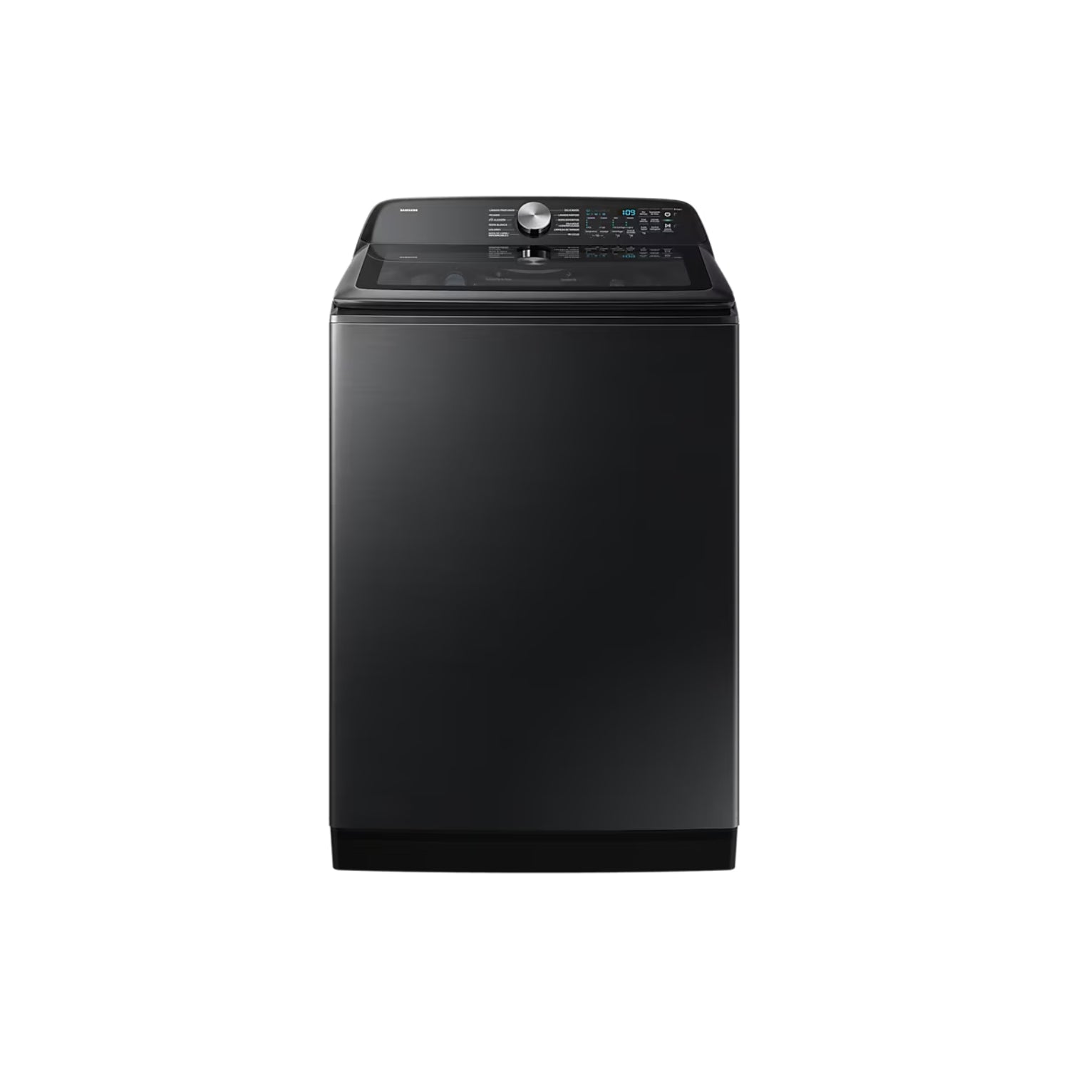 Lavadora Samsung negra frontal, con panel digital y diseño moderno