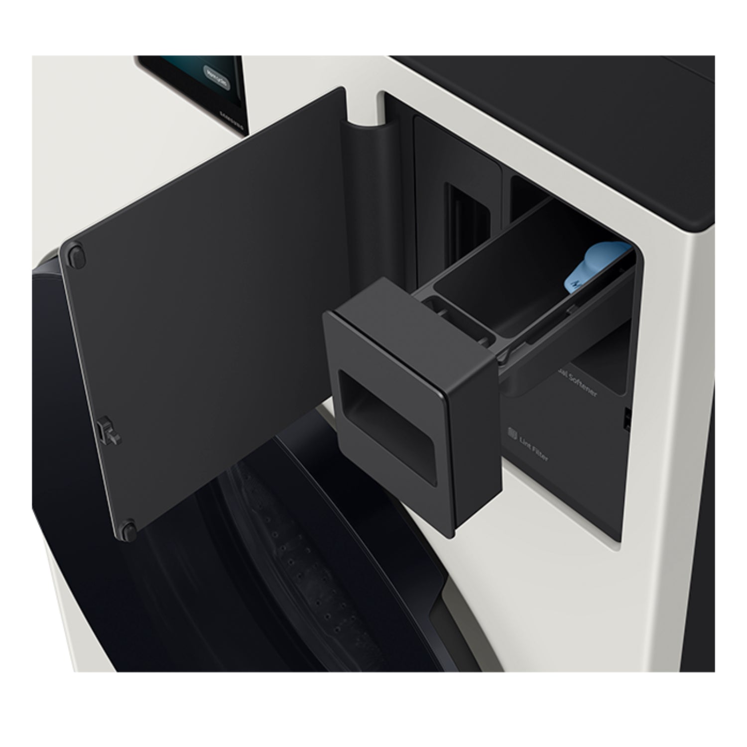 Lavasecadora Samsung vista de compartimento de detergente y control