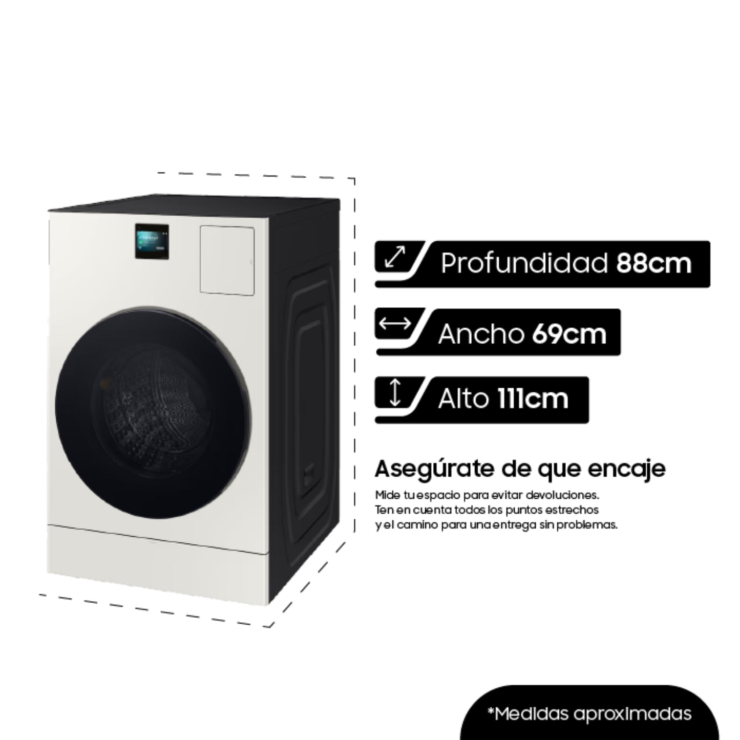 lavasecadora Samsung blanca, vista frontal, medidas 88cm profundidad, 69cm ancho, 111cm alto