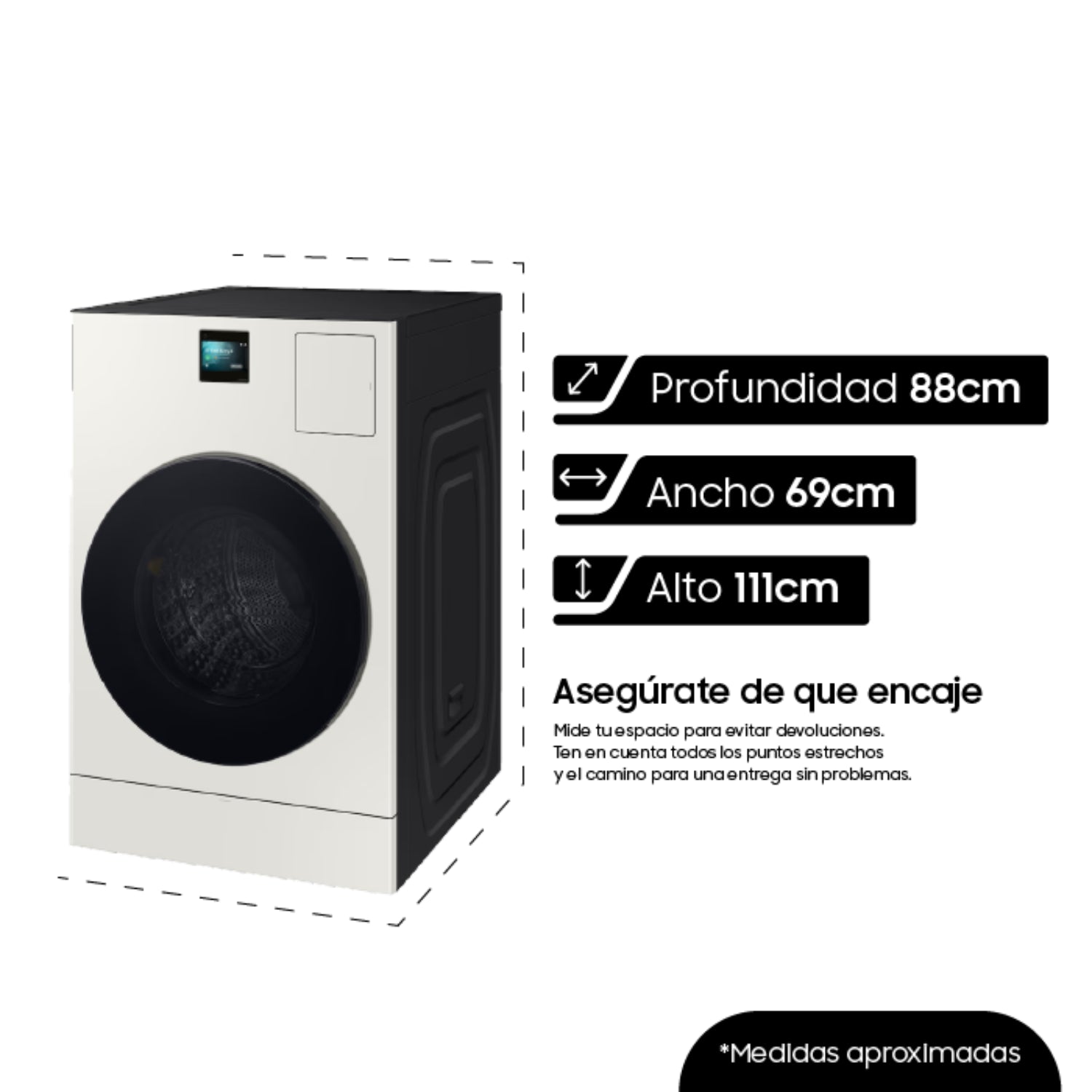 lavasecadora Samsung blanca, vista frontal, medidas 88cm profundidad, 69cm ancho, 111cm alto