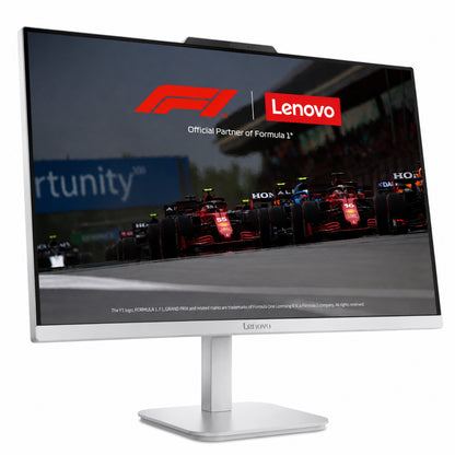 Escritorio Lenovo modelo LL050401, pantalla frontal con logo de F1 y fondo de carreras
