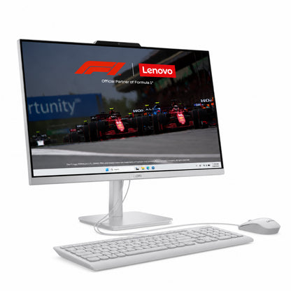 Escritorio Lenovo con pantalla blanca y teclado, configuración de oficina moderna