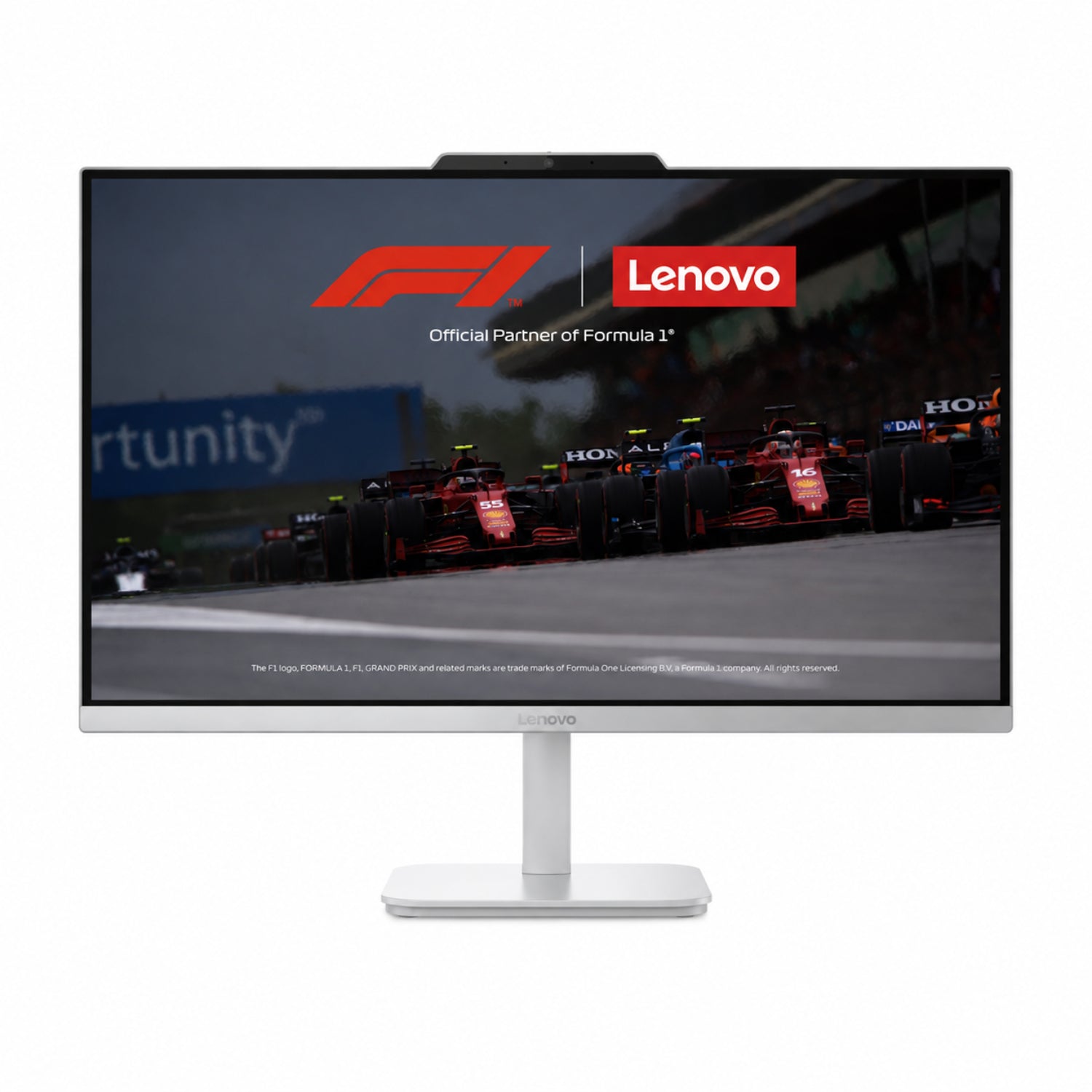 Escritorio Lenovo, monitor elegante, vista frontal en ambiente de trabajo