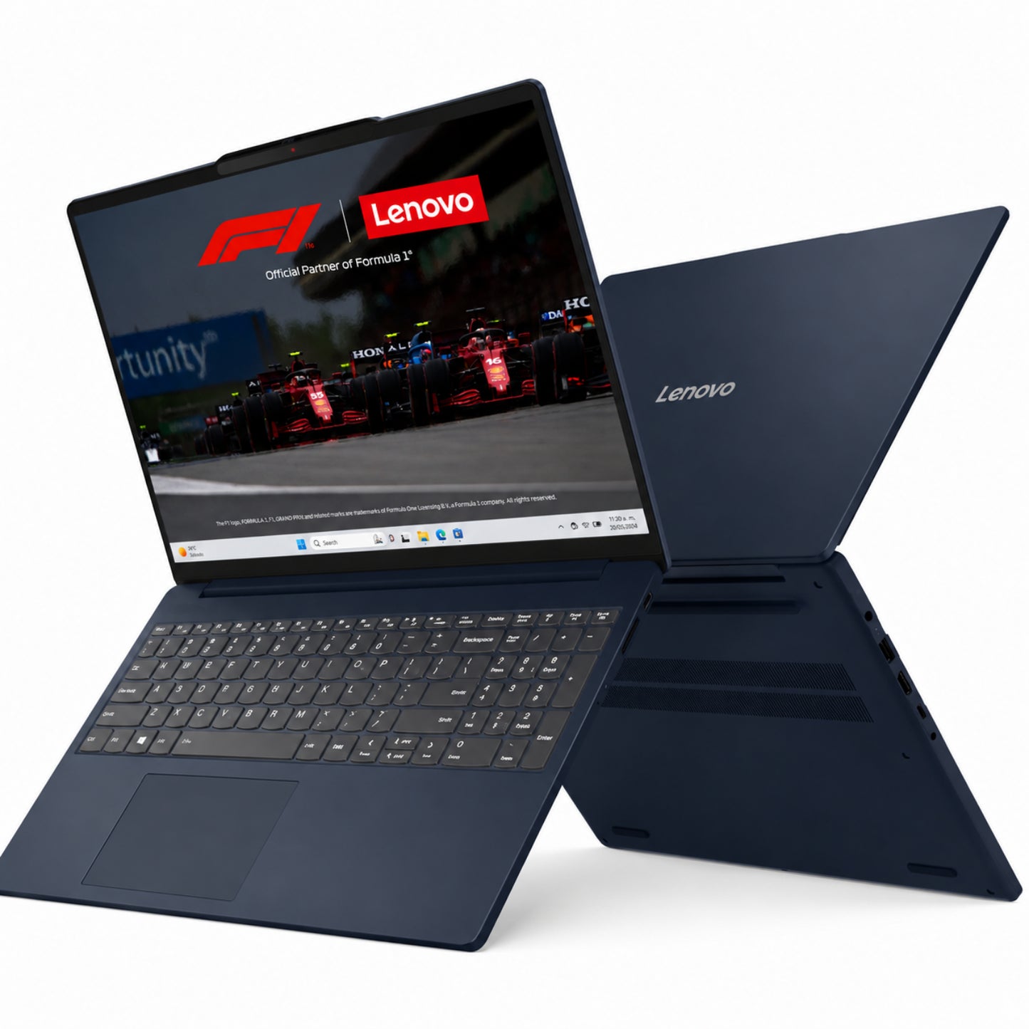 Laptop Lenovo azul, vista frontal y lateral, pantalla de Fórmula 1.