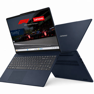Laptop Lenovo azul, vista frontal y lateral, pantalla de Fórmula 1.