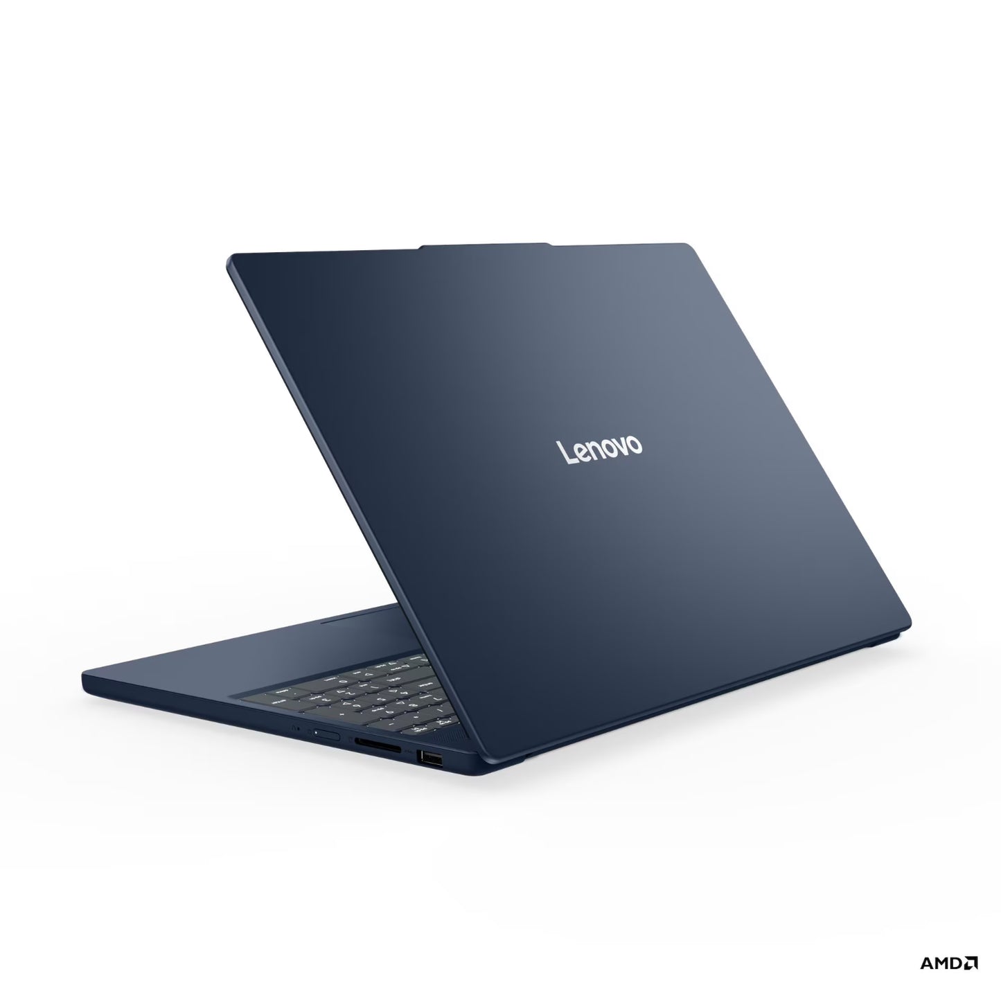 Laptop Lenovo modelo LL050401, color azul, vista trasera con teclado visible