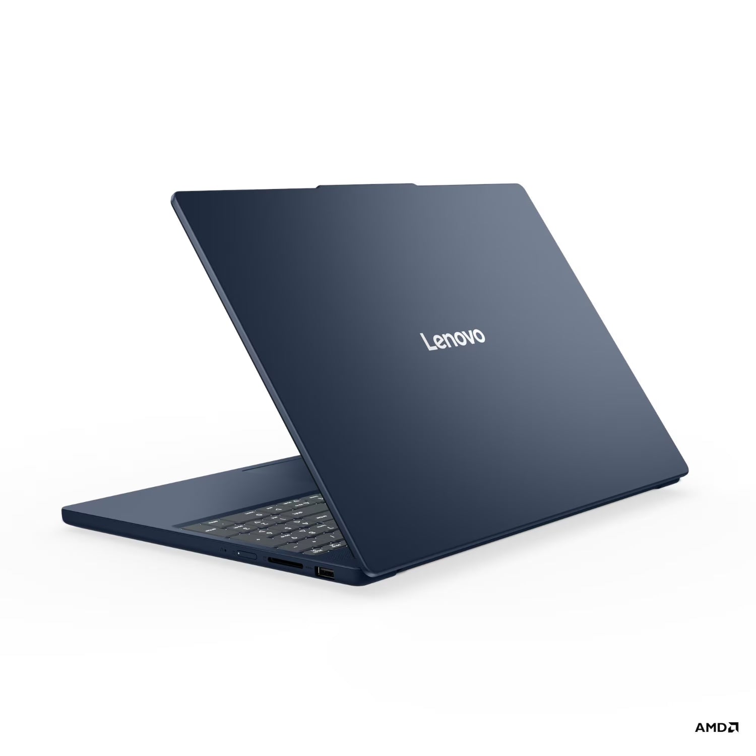 Laptop Lenovo modelo LL050401, color azul, vista trasera con teclado visible