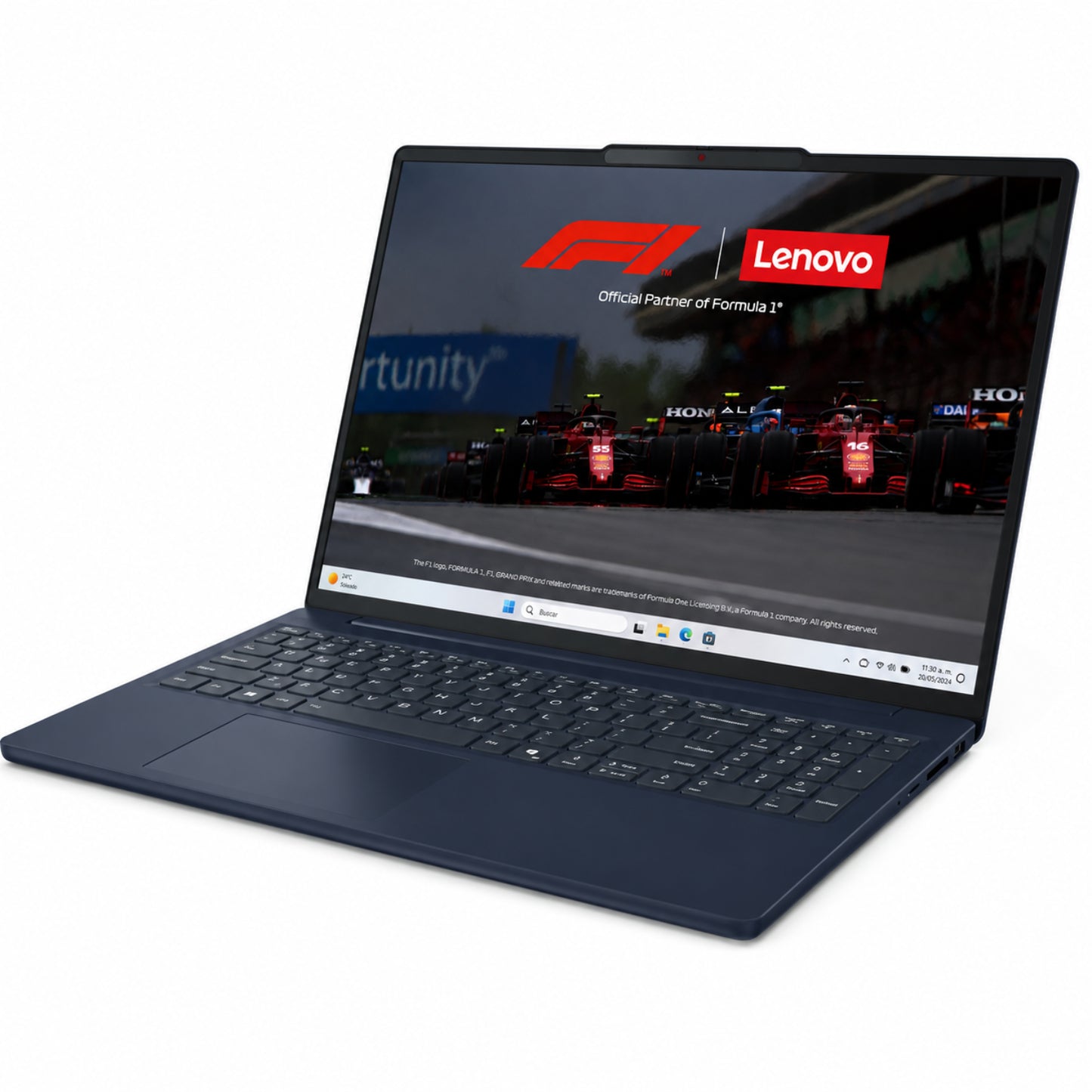 Laptop Lenovo azul, vista frontal con pantalla abierta, ideal para trabajo y entretenimiento