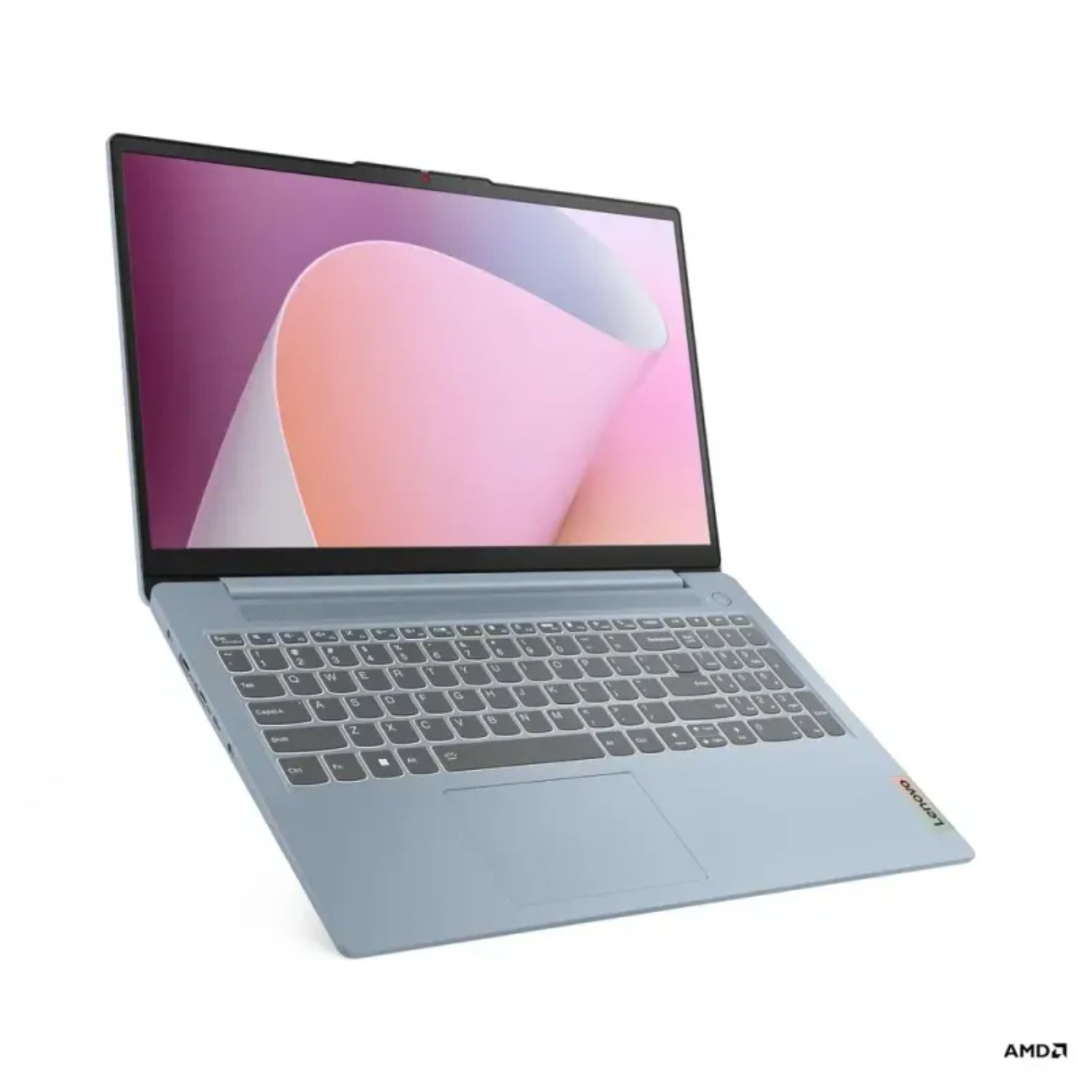 Laptop Lenovo azul, vista lateral con pantalla de diseño moderno