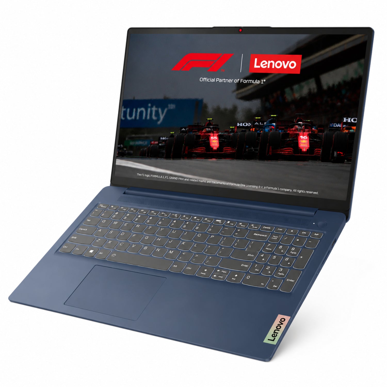 Laptop Lenovo azul, vista frontal con pantalla de F1 y teclado iluminado