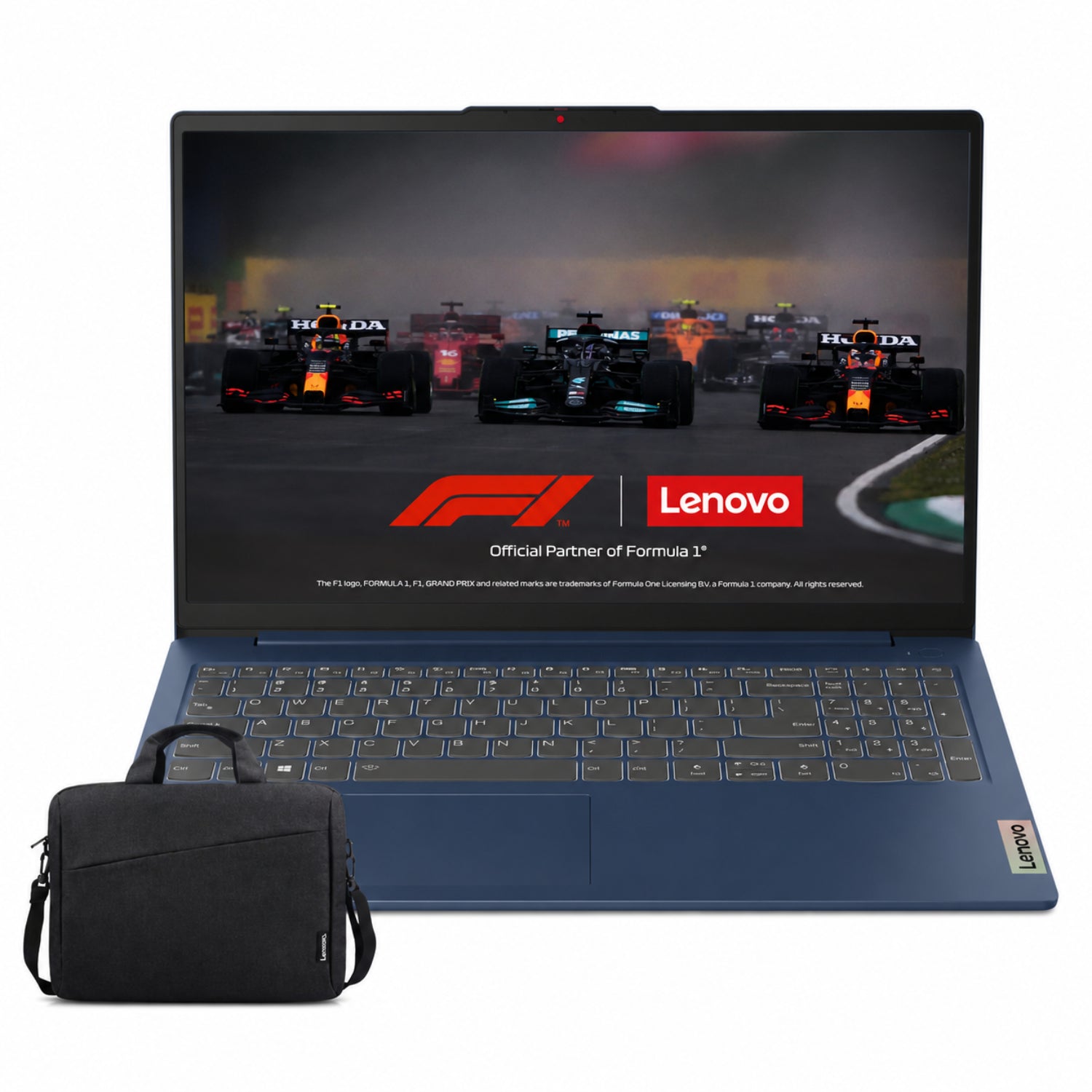 Laptop Lenovo azul frontal con maletín y pantalla de Fórmula 1
