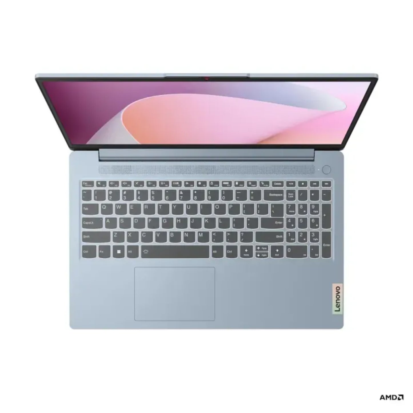 Laptop Lenovo azul claro vista superior, teclas y touchpad visibles