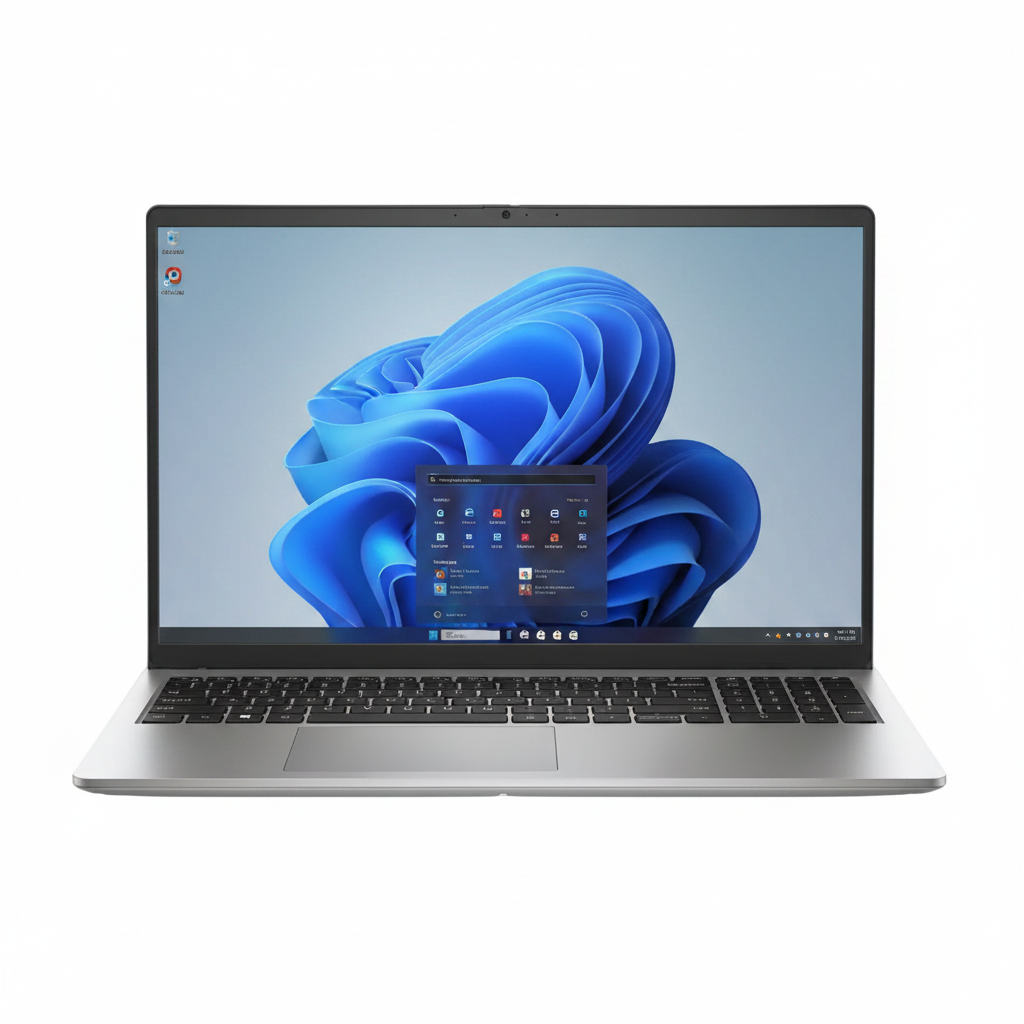 Laptop DELL plata, vista frontal, pantalla con logotipo Lenovo y coches de carrera