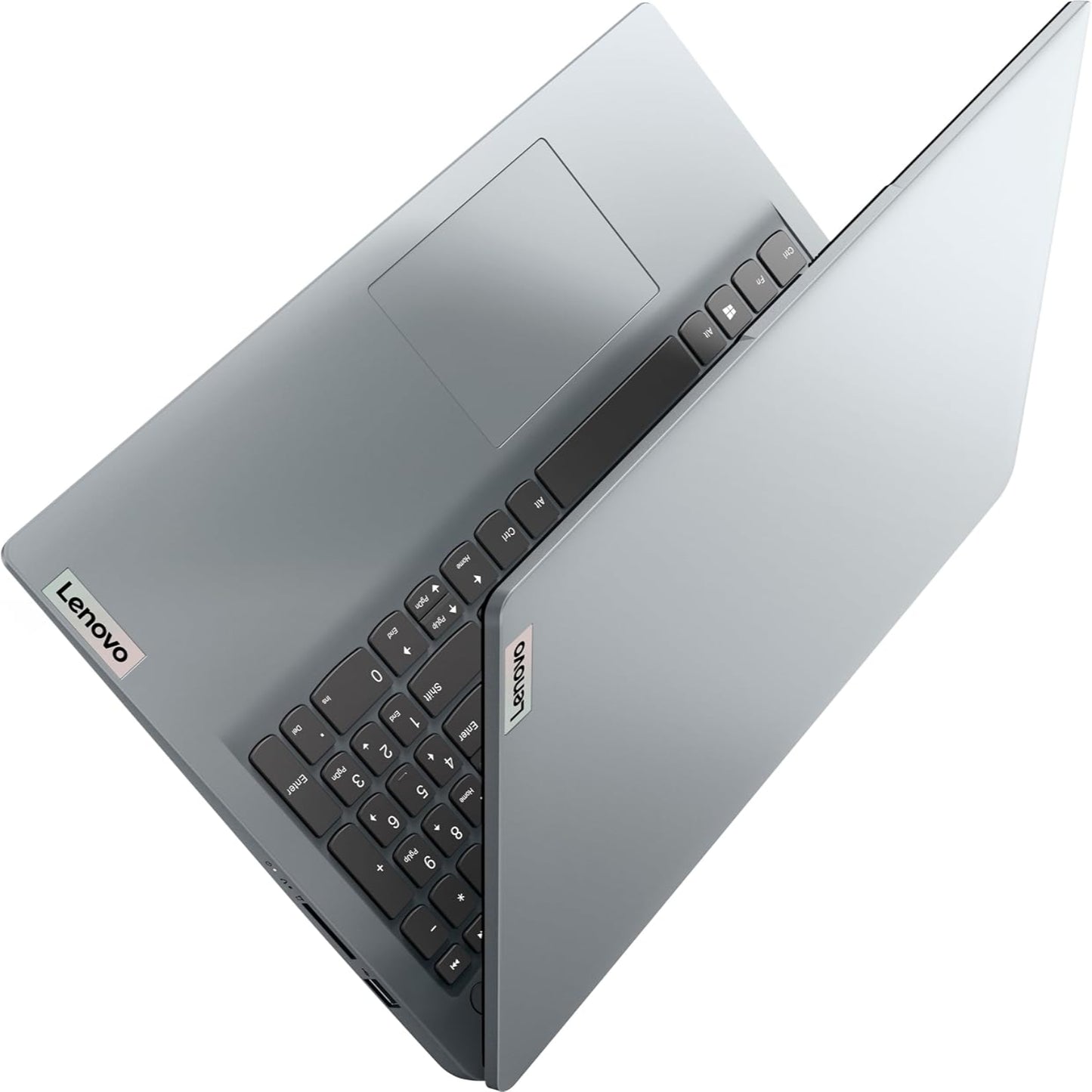 Laptop Lenovo gris vista superior con teclado y panel táctil