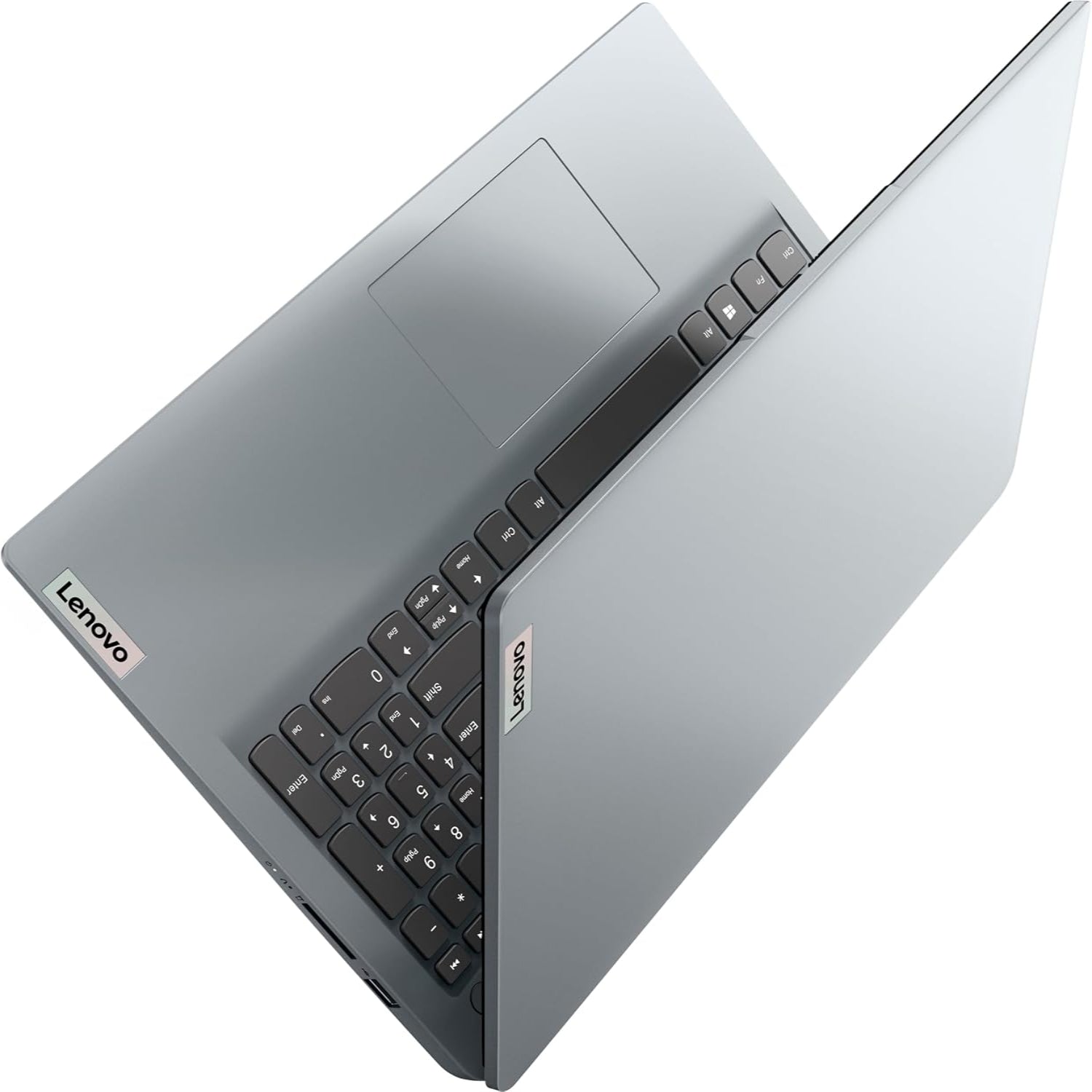 Laptop Lenovo gris vista superior con teclado y panel táctil