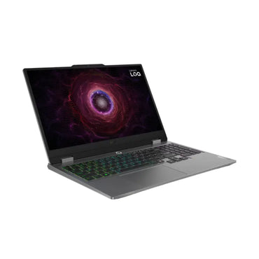 Laptop Lenovo gris, vista lateral con teclado retroiluminado y pantalla vibrante