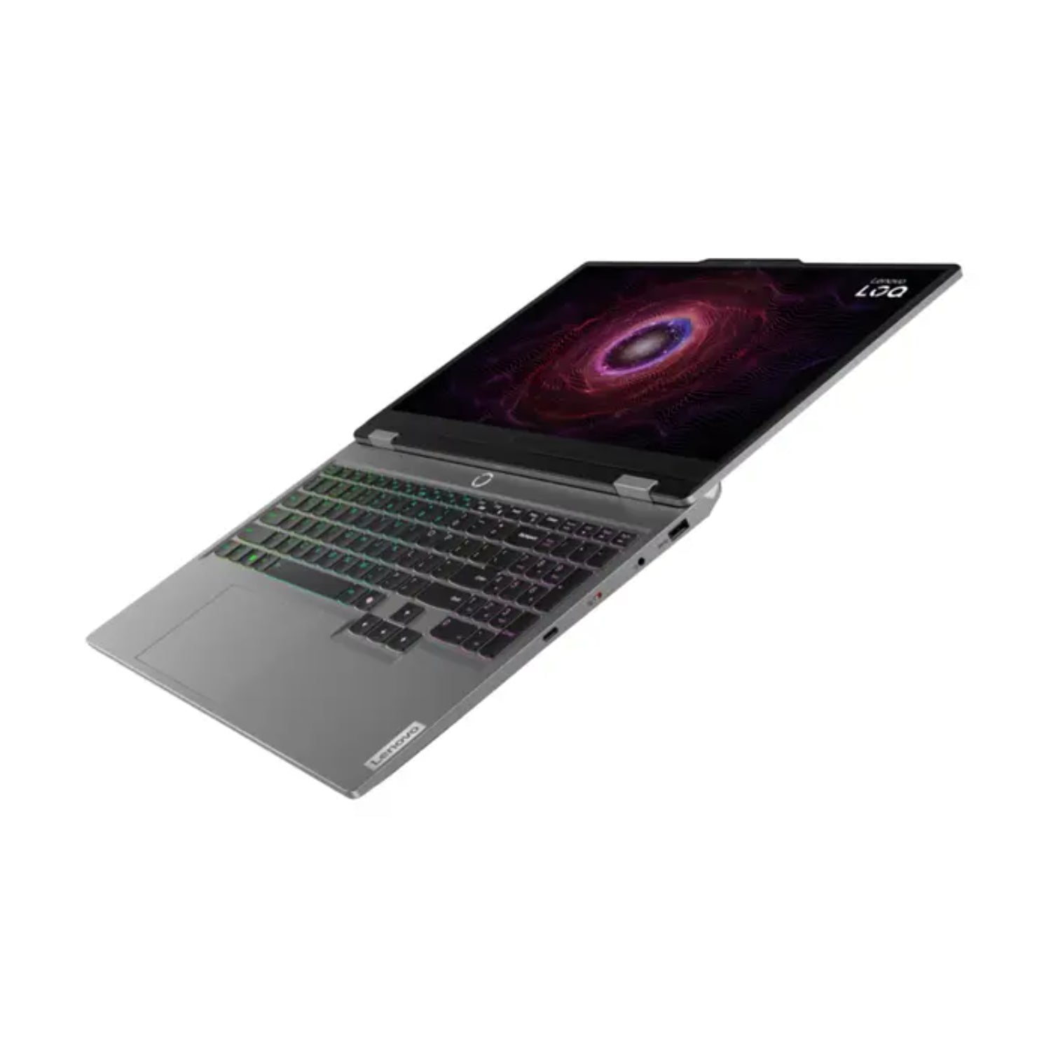 Laptop Lenovo gris vista lateral con teclado retroiluminado