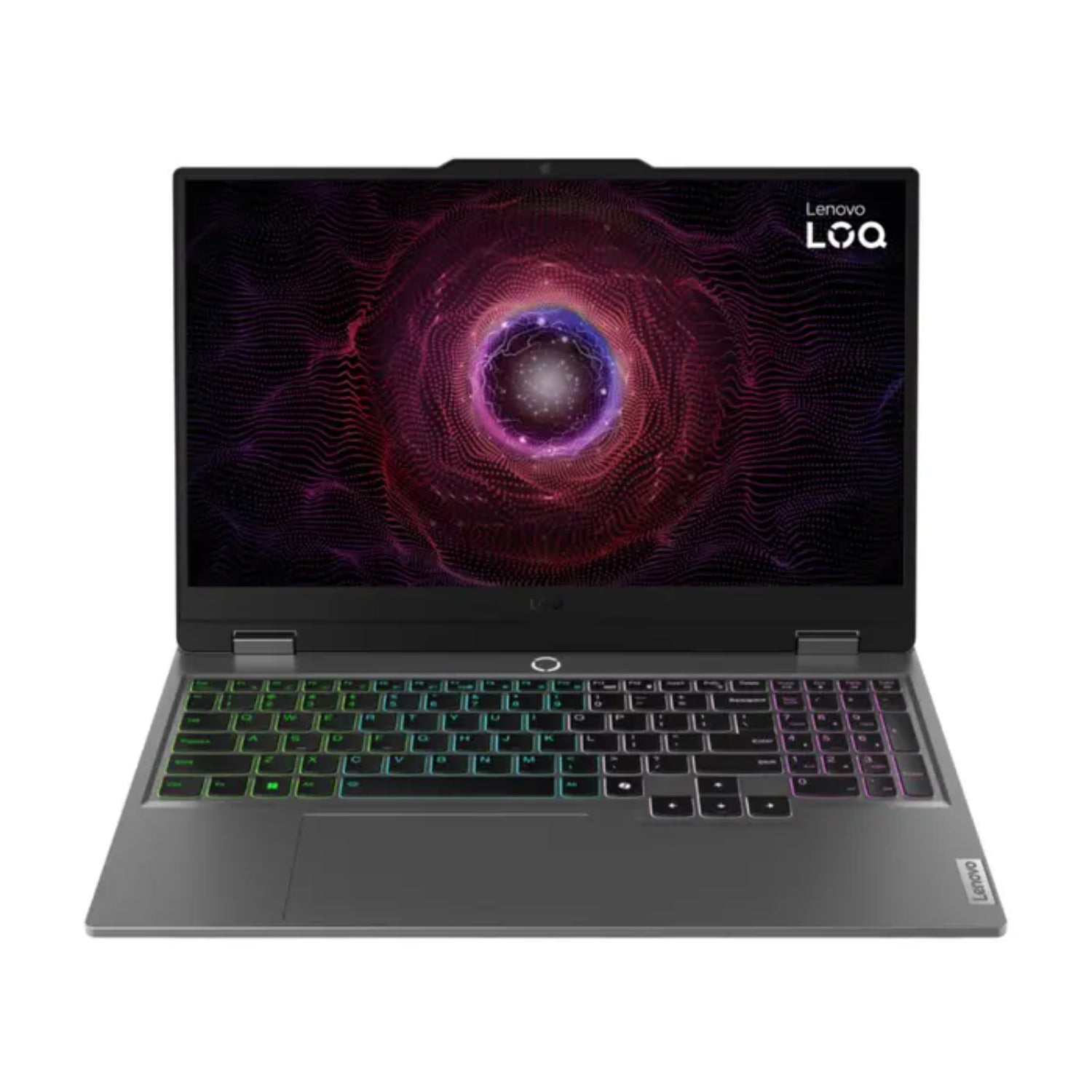 Laptop Lenovo LLOQ gris, vista frontal con teclado retroiluminado y pantalla vibrante