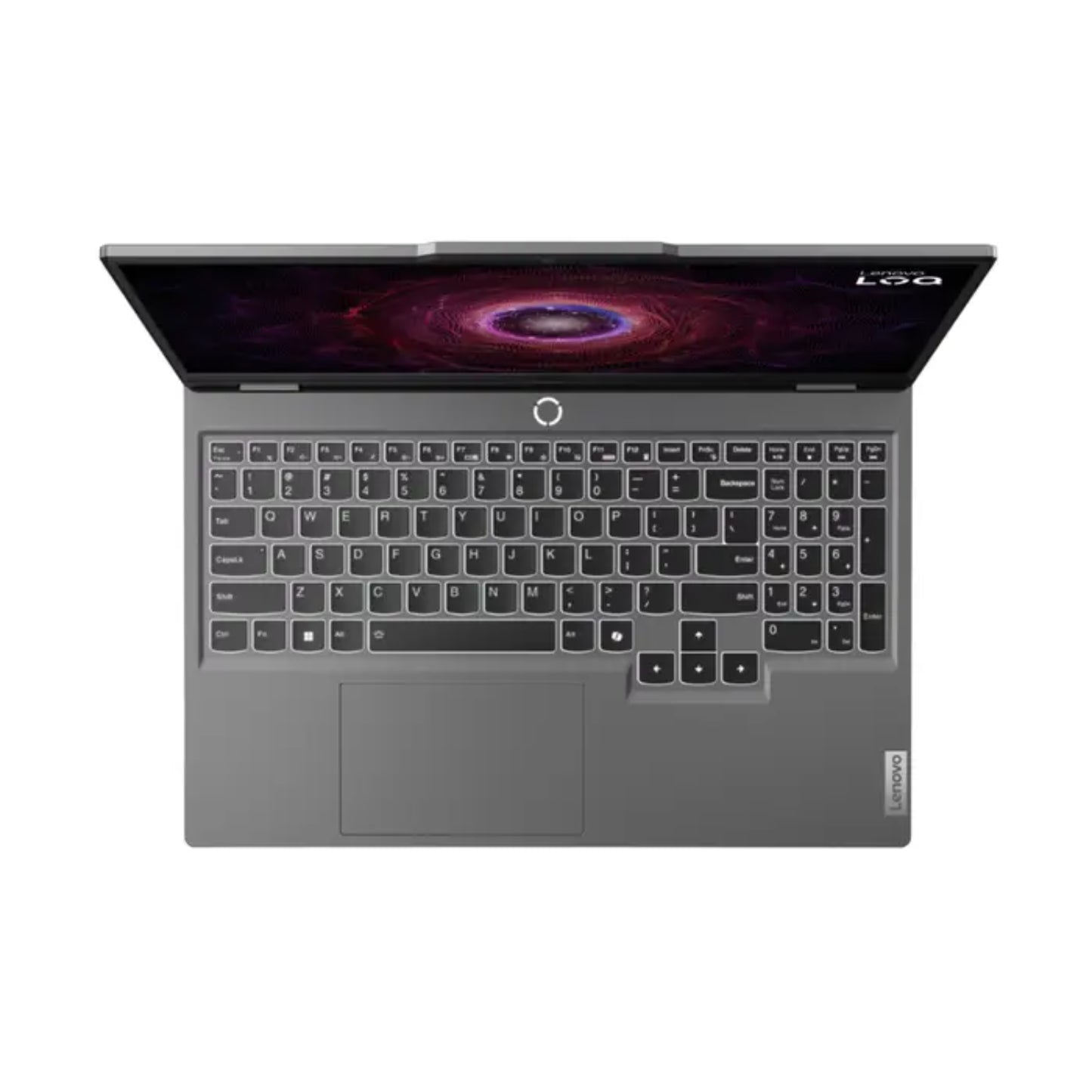 Laptop Lenovo gris vista superior, teclado completo y diseño elegante