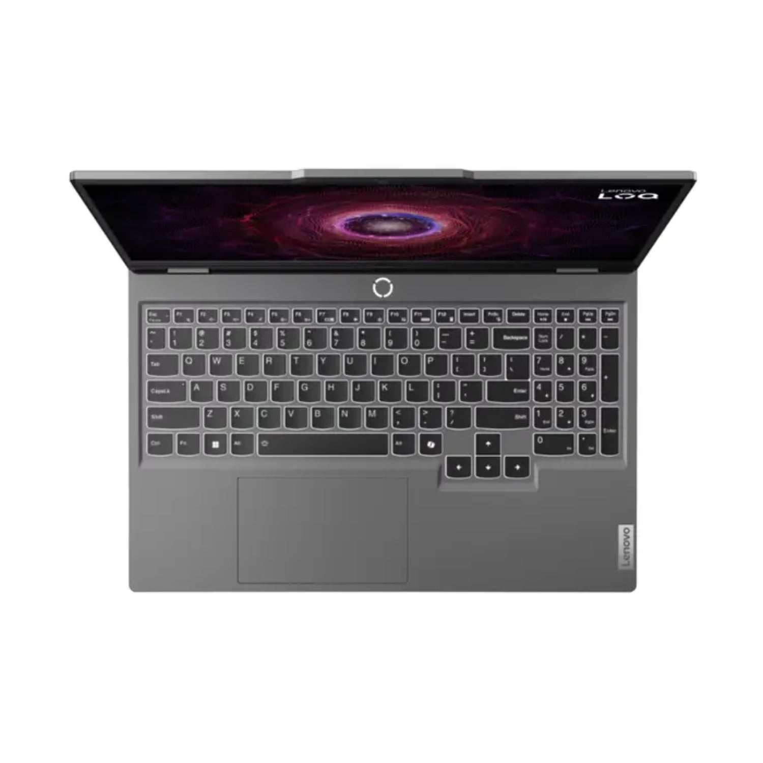 Laptop Lenovo gris vista superior, teclado completo y diseño elegante